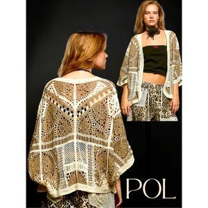 POL Crochet Cardigan Boho Kimono Batwing Dolman Sleeve Open Knit Lace Patchwork